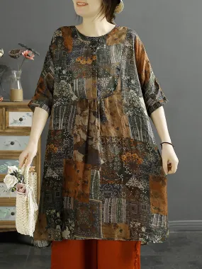 Women Summer Floral Vintage Ramie Long Shirt KL1052