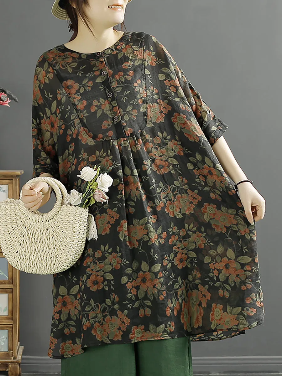 Women Summer Floral Vintage Ramie Long Shirt KL1052