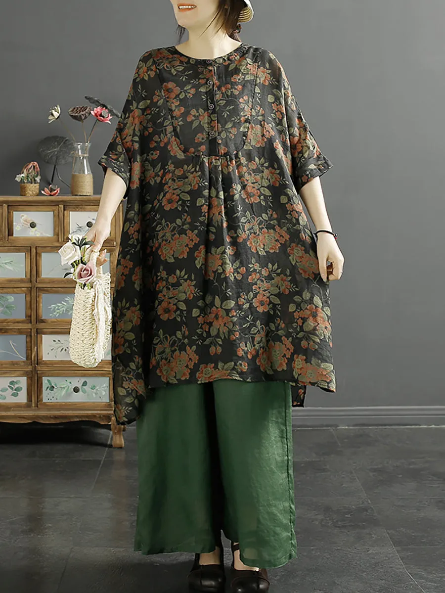 Women Summer Floral Vintage Ramie Long Shirt KL1052