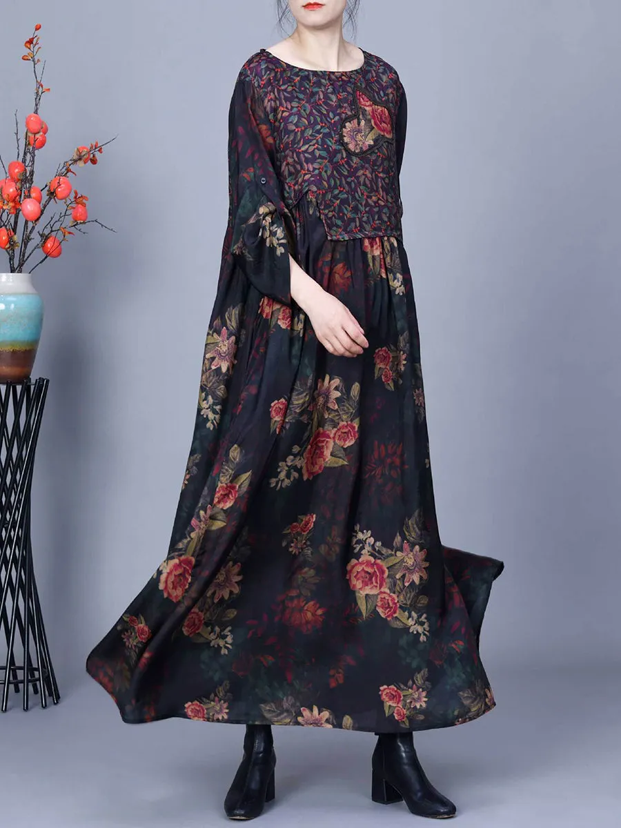 Women Vintage Floral Spliced Spring Loose Dress CO1011