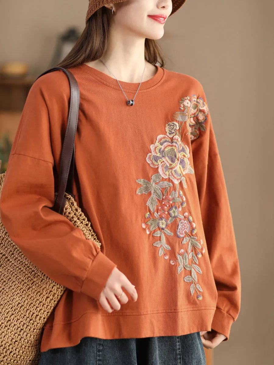 Women Vintage Spring Flower Embroidery O-Neck Shirt