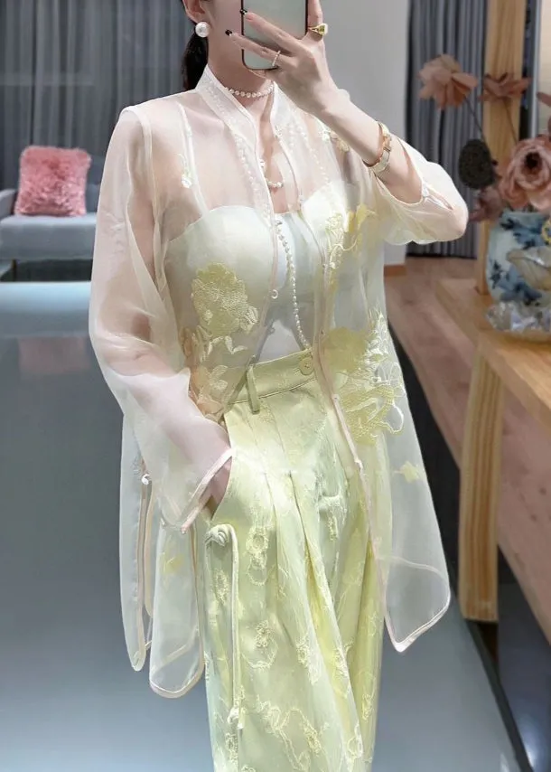 Women White Embroidered Button Tulle Shirts Long Sleeve QA1039