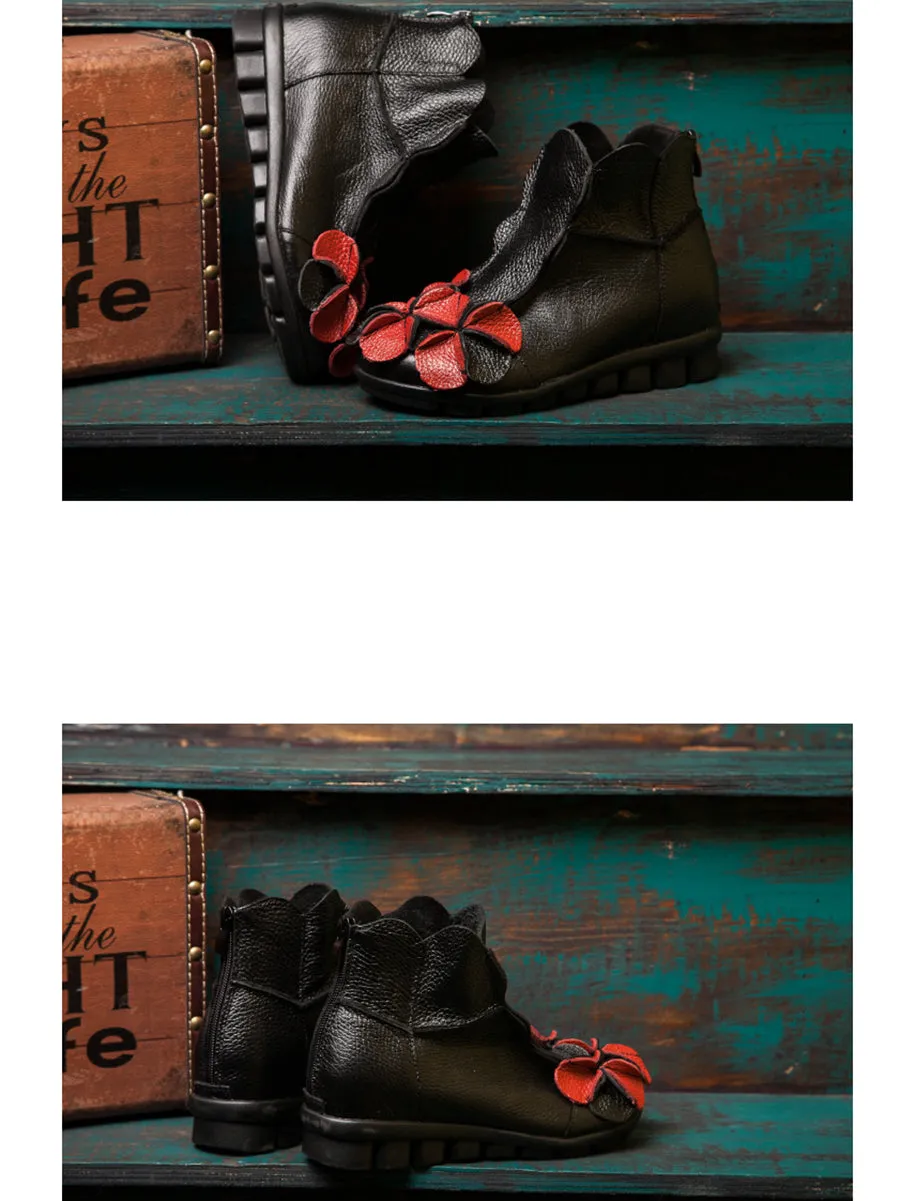 Women Winter Retro Leather Flower Spliced Ankle Boots