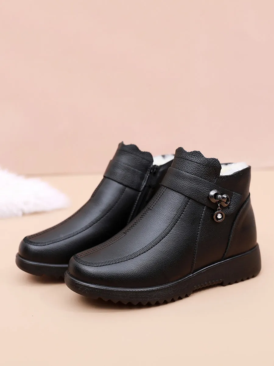 Women Winter Vintage Solid Leather Fleece-lined Boots