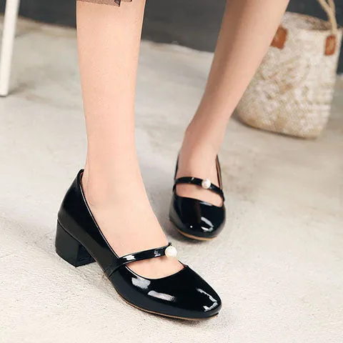 Women's Glossy Square Toe Shallow Pearls Block Heel Pumps