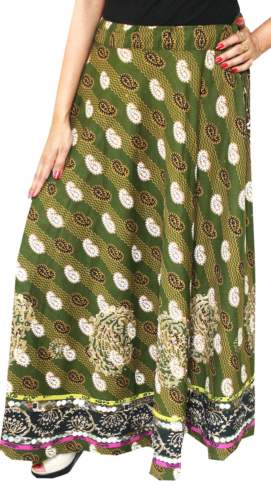 Womens Long Indian Skirt Cotton Block Printed Designer India Clothing (Green)