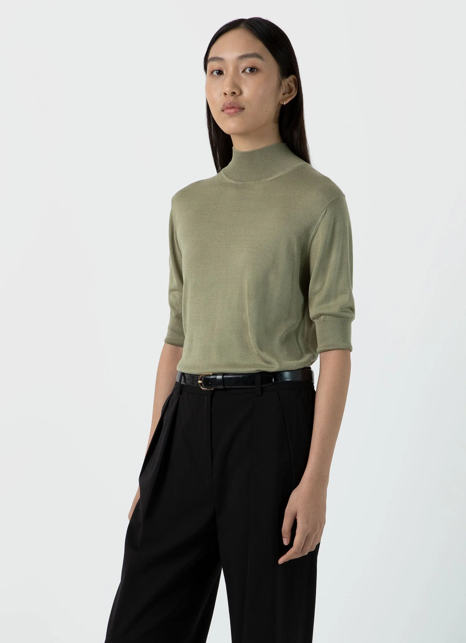 Women's Mulberry Silk Mock Neck Top in Pale Khaki