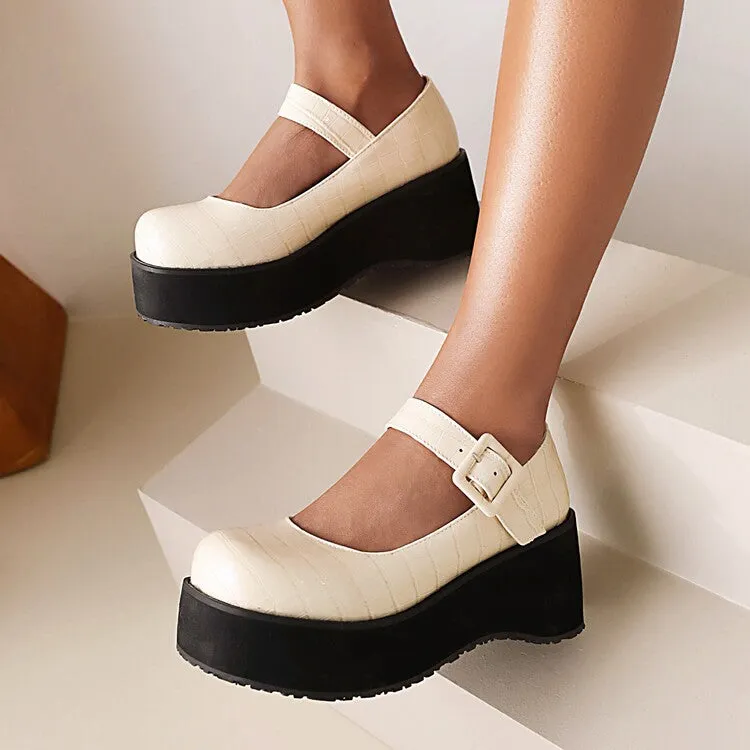 Women's Round Toe Mary Janes Buckle Straps Wedge Heel Platform Pumps