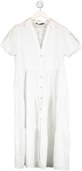 ZARA White Linen Blend Tiered Dress UK L